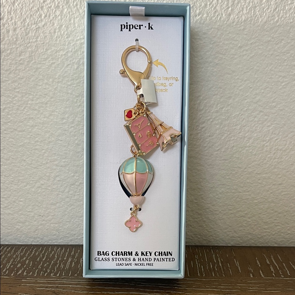 Piper K Travel Gold and Pink Bag Charm & Keychain Hot Air Balloon Eiffel Tower